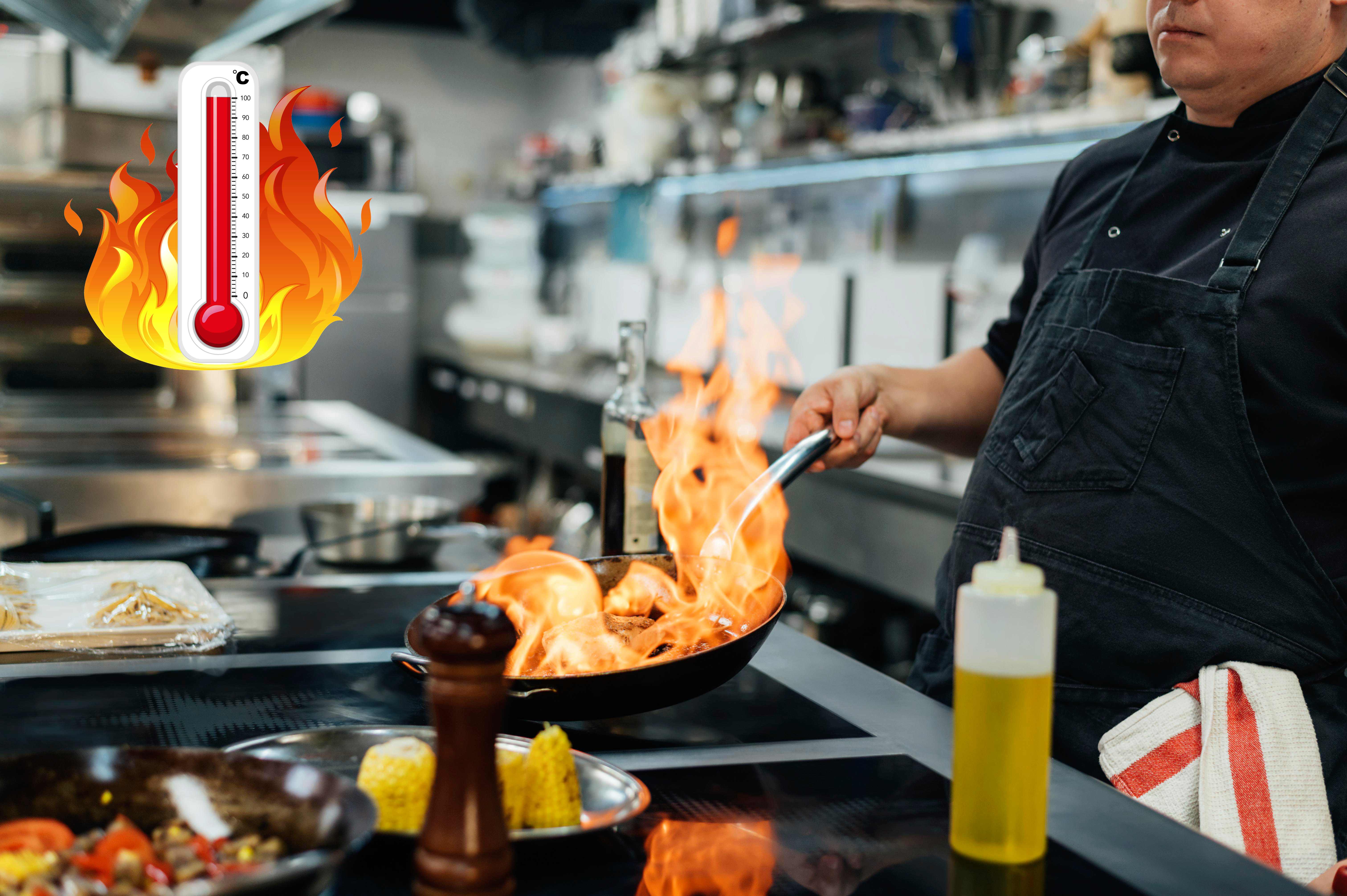 Heat visualization in a busy commercial kitchen showing temperature gradients
